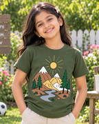 Cute girl wearing a Mountain Olive Green Half sleeve T-shirt 