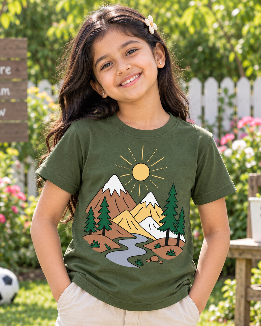 Cute girl wearing a Mountain Olive Green Half sleeve T-shirt 