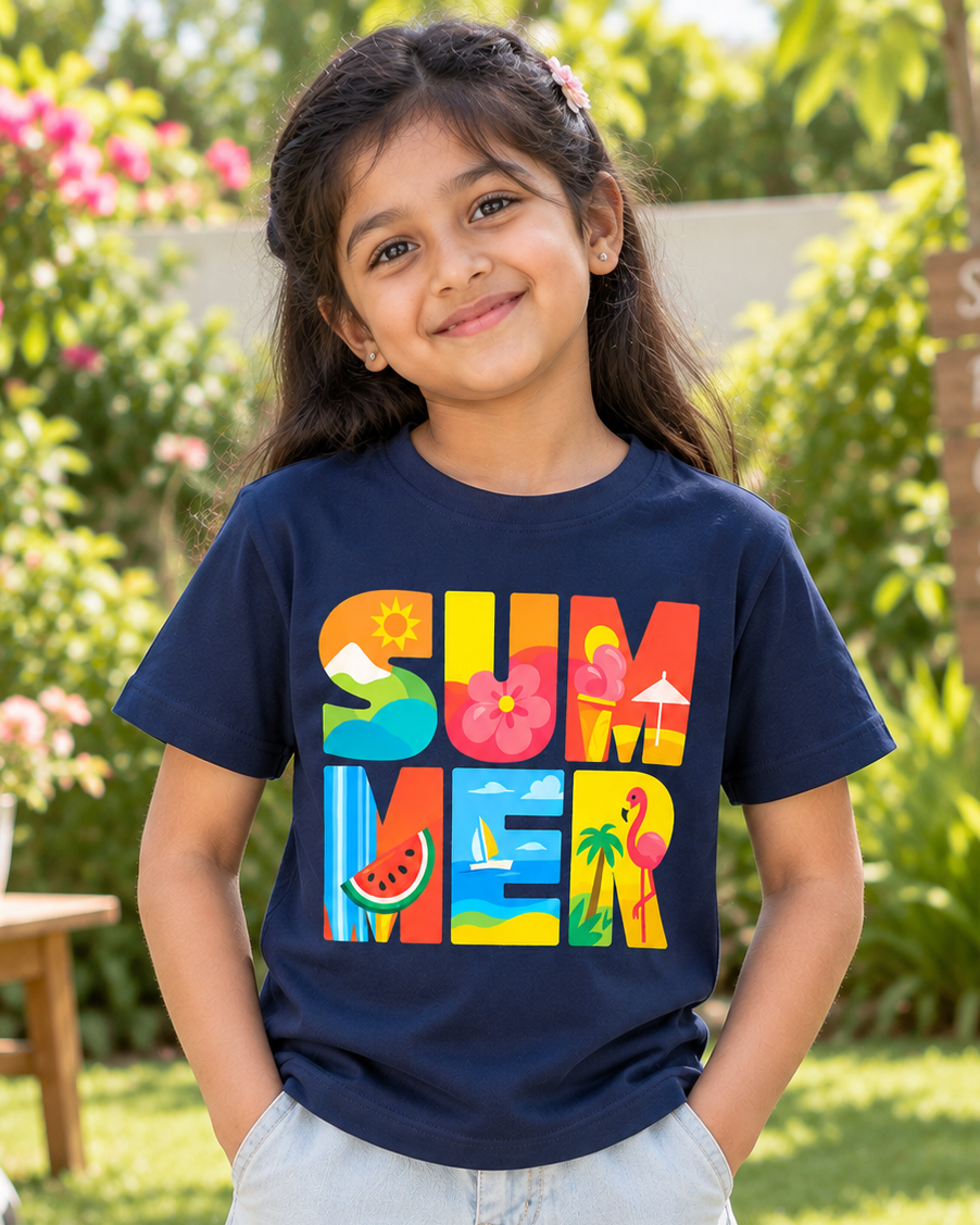 Cute girl wearing a Summer Navy Half sleeve T-shirt 