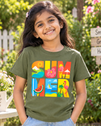 Cute girl wearing a Summer Olive Green Half sleeve T-shirt 