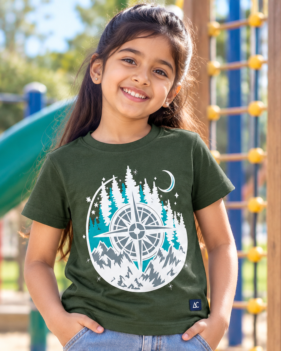 Cute girl wearing an Adventure Compass Olive Green Half sleeve T-shirt