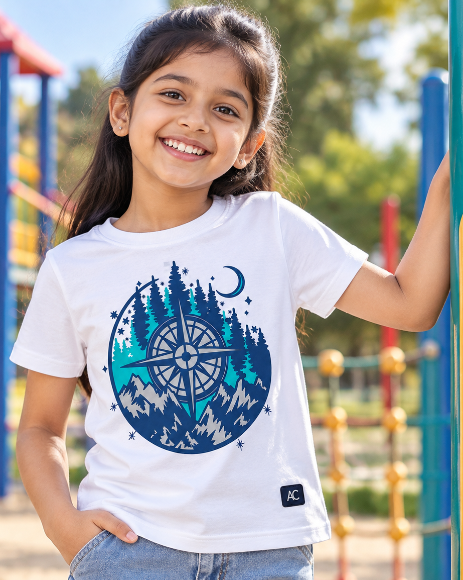 Cute girl wearing an Adventure Compass White Half sleeve T-shirt