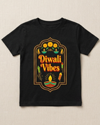 Diwali Vibes print on Black Kids T-shirt placed on the light beige background