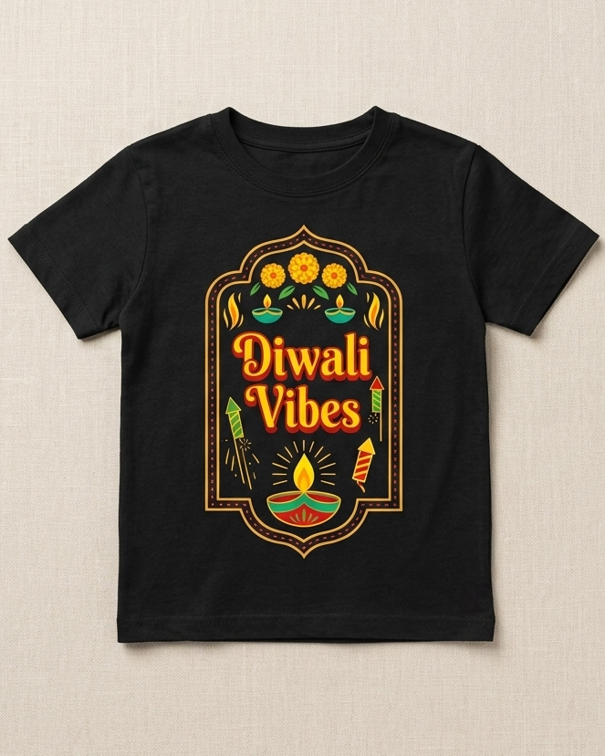 Diwali Vibes print on Black Kids T-shirt placed on the light beige background