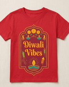 Diwali Vibes print on Red Kids T-shirt placed on the light beige background