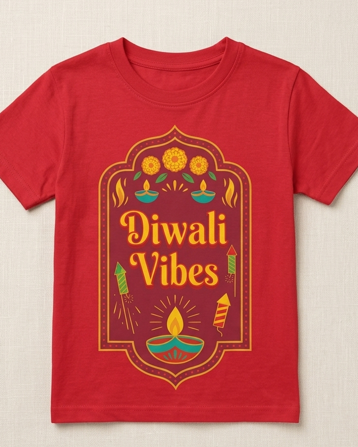 Diwali Vibes print on Red Kids T-shirt placed on the light beige background