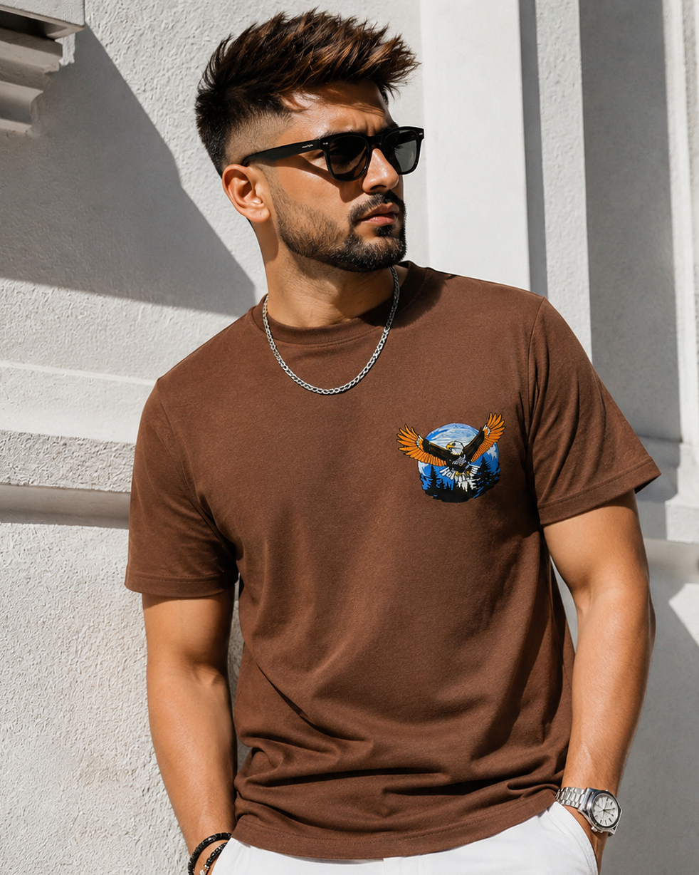 Young man wearing Eagle embroidered Brown Regular Fit T-shirt