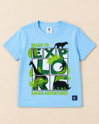 Explore Jungle Sky Blue Half sleeve T-shirt placed on the light beige background