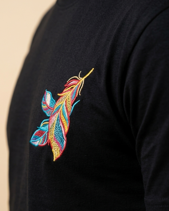 Focus view of Feather embroidered Black Regular Fit T-shirt