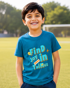 Boy wearing a Find Joy print in Kids Teal Blue T-shirt