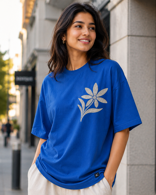 Women wearing a Blue colour oversized T-shirt 