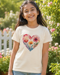 Girl wearing a Floral Watercolour effect print in light beige T-shirt 