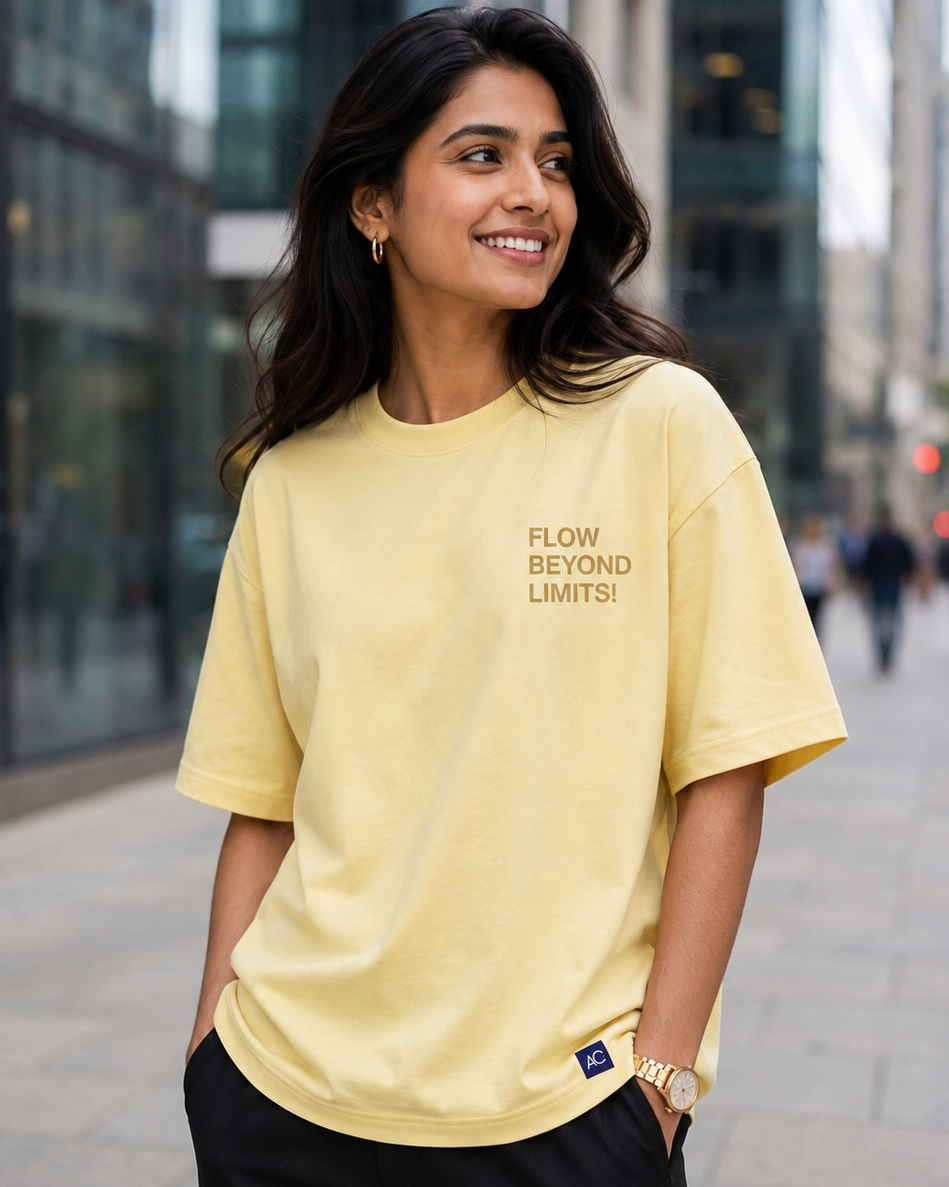 A Young Women wearing a Flow Beyond Limits with Pastel Yellow Oversized T-shirt