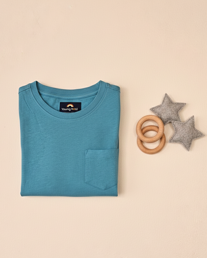 Folded blue t-shirt with a brand label on a beige background, accompanied by wooden rings and star-shaped objects.