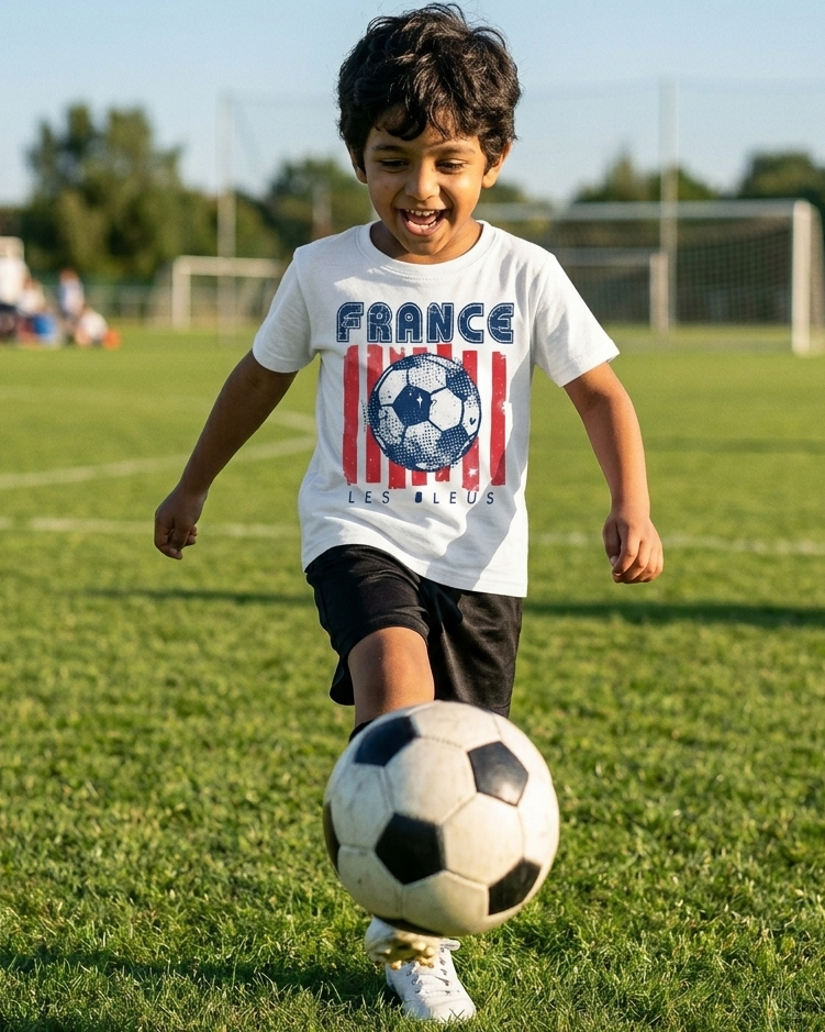 Child wearing a white  t-shirt with 'FRANCE' printed on it in a colourful outdoor playground.