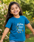 Girl wearing a Funtasctic print in Kids Teal Blue Tee