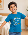 Boy wearing a Funtasctic print in Kids Teal Blue Tee