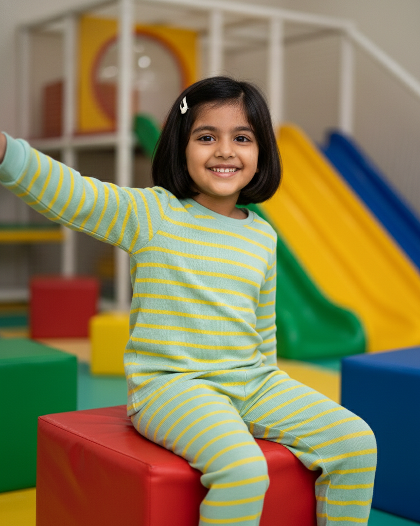 Child in striped pajamas sitting on a red block in a colorful indoor playground.