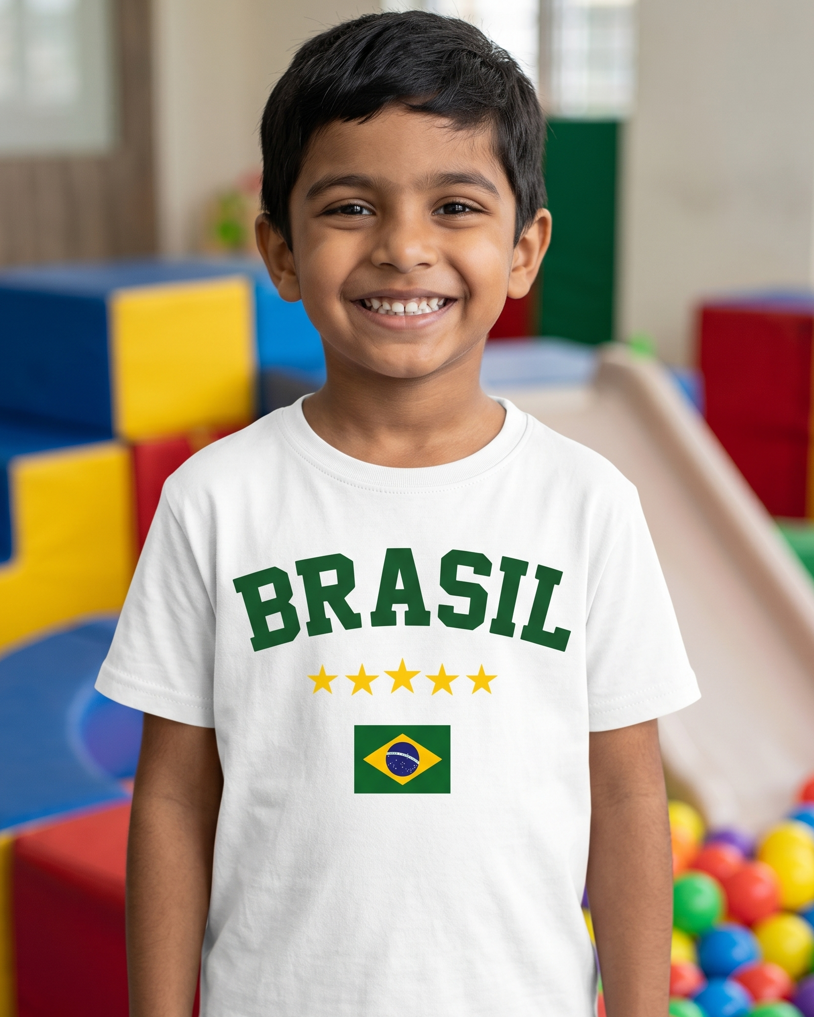 Child wearing a 'BRASIL' t-shirt with a Brazilian flag in a colorful indoor playground.