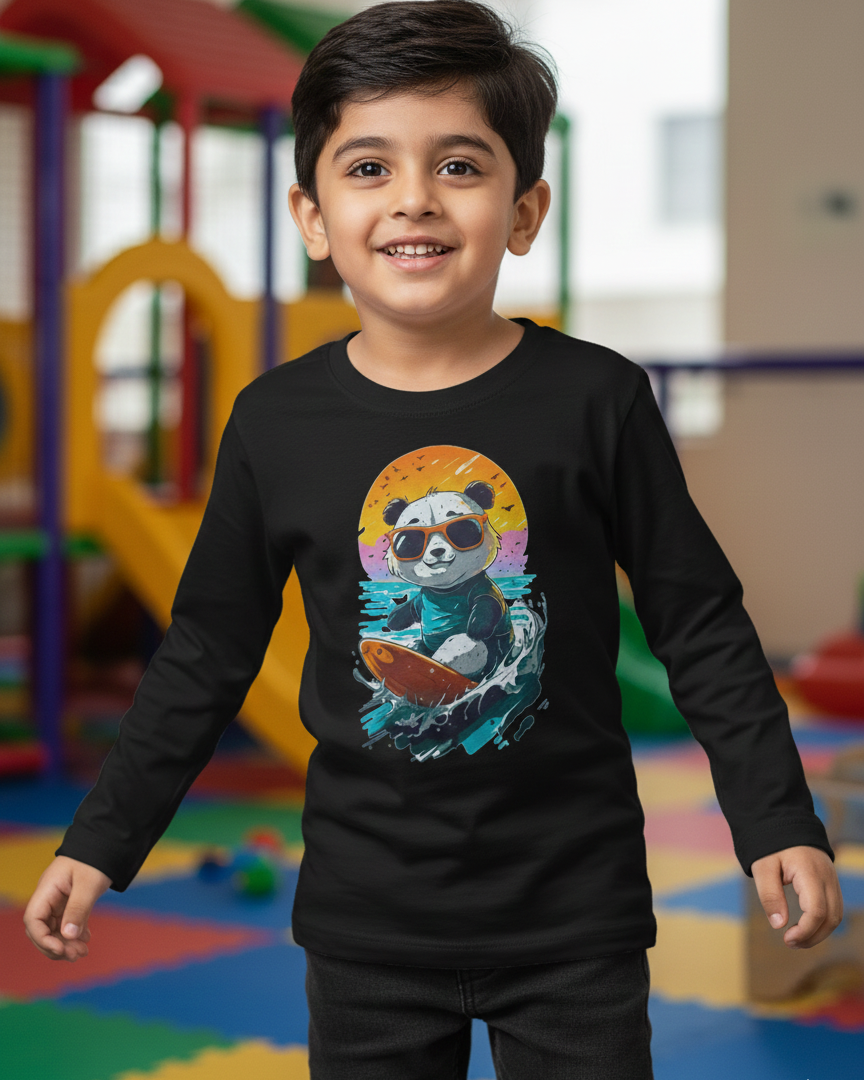 Child wearing a black long-sleeve shirt with a colorful graphic of a panda bear on a playground.