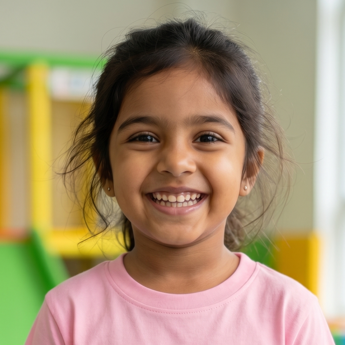 Young girl wearing a pink t-shirt with a panda design in a colorful indoor playground.
