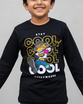Child wearing a black long-sleeve shirt with a graphic design on a gray background