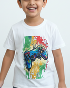 Child wearing a white t-shirt with a colorful gaming controller design on a white background