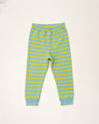 Striped baby pants with green and yellow stripes on a white background