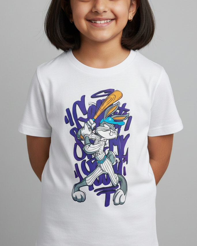 Child wearing a white t-shirt with a graphic design on a gray background