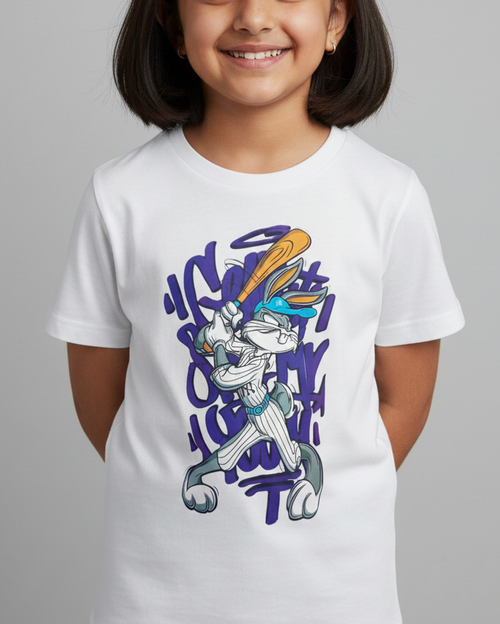 Child wearing a white t-shirt with a graphic design on a gray background