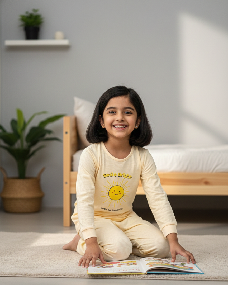 Child sitting on the floor with a book in a room with a bed and plants.