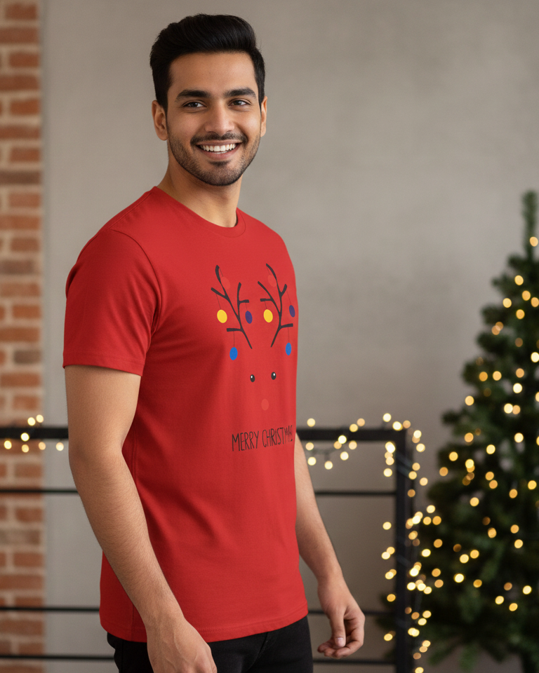 Man wearing a red Christmas-themed t-shirt with a tree and reindeer design, standing in front of a decorated Christmas tree.