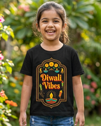 Girl wearing Diwali Vibes print on Black Kids T-shirt 