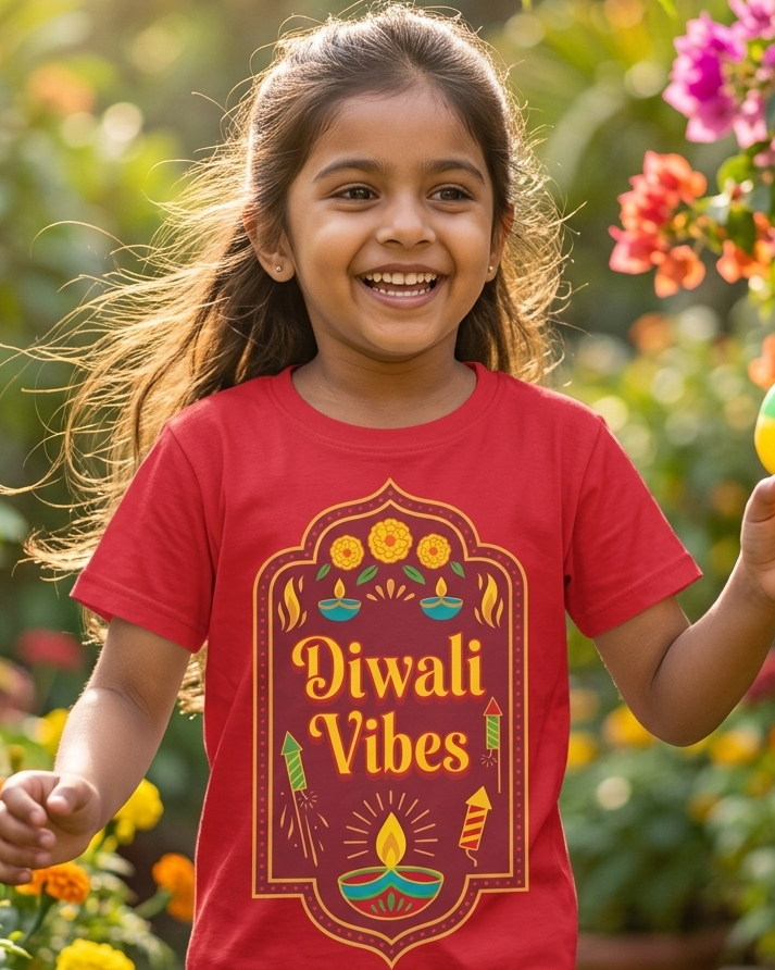 Girl wearing Diwali Vibes print on Red Kids T-shirt 
