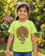 Girl wearing a Cute Kathakali Light Green Kid's Half Sleeve T-Shirt in garden