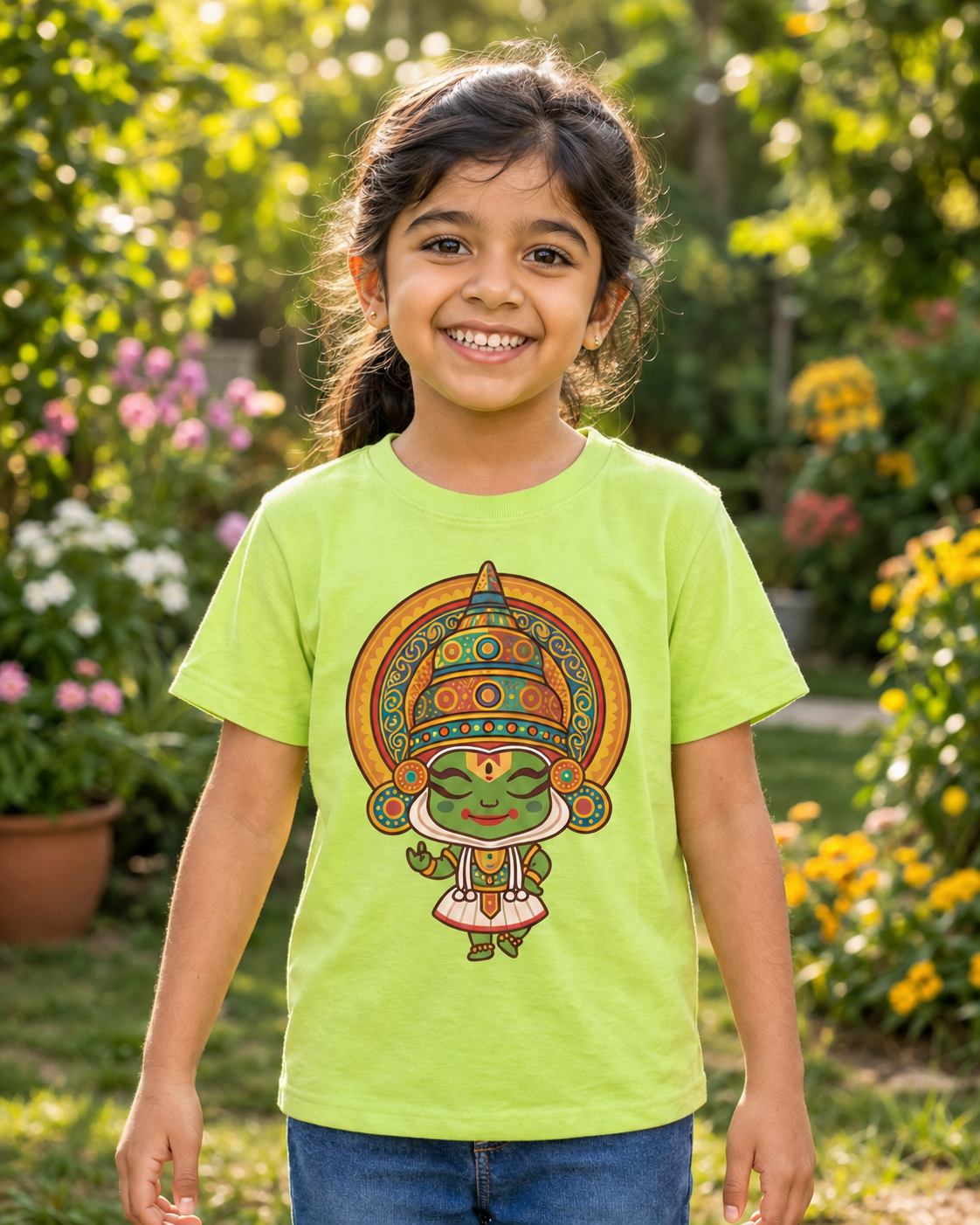 Girl wearing a Cute Kathakali Light Green Kid's Half Sleeve T-Shirt in garden