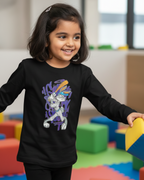 Girl wearing a black long-sleeve shirt with a colorful graphic design in a playroom
