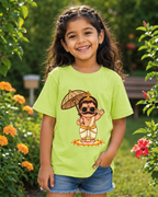 Girl wearing a cute Maveli light green kids T-shirt  in garden