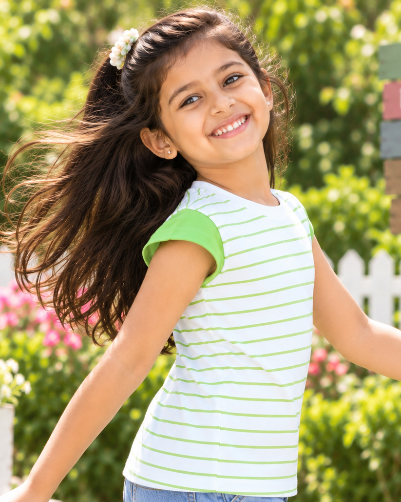 A fresh green and white striped T-shirt featuring comfortable cap sleeves and a playful, sporty look perfect for active days and outdoor adventures.