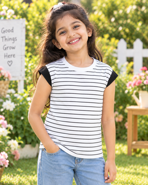 A trendy black and white striped kids’ T-shirt with cap sleeves and a classic round neck, designed for everyday comfort and effortless style.