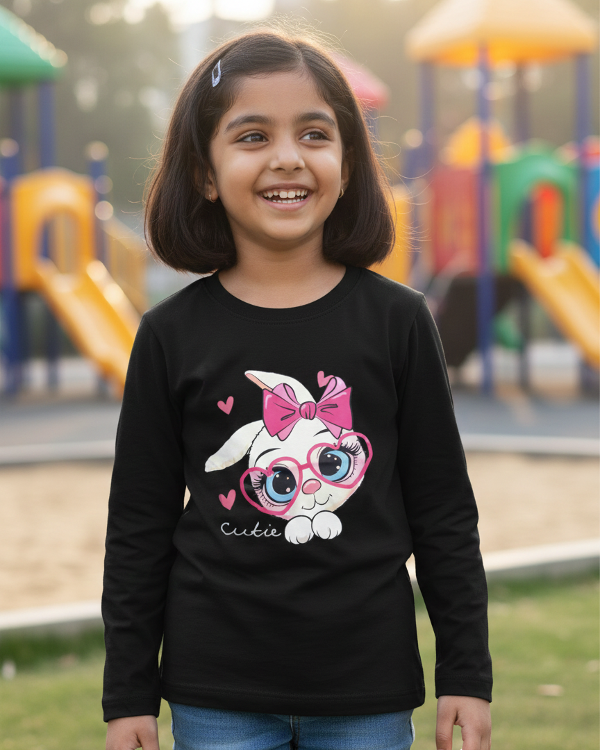 Girl wearing black rabbit T-shirt in outdoor playground background.