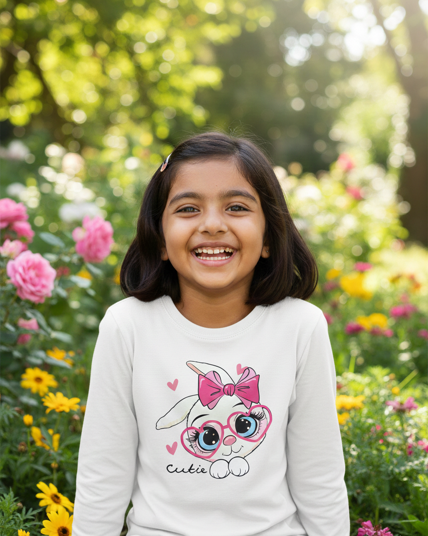 Girl wearing white rabbit T-shirt in garden background