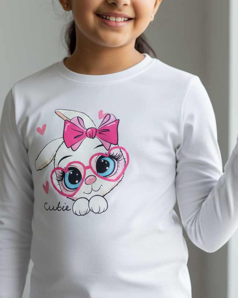 Girl wearing white rabbit T-shirt in grey and white background