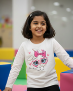 Girl wearing white rabbit T-shirt in indoor playground background