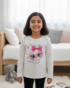 Girl wearing white rabbit T-shirt in minimalist bedroom background