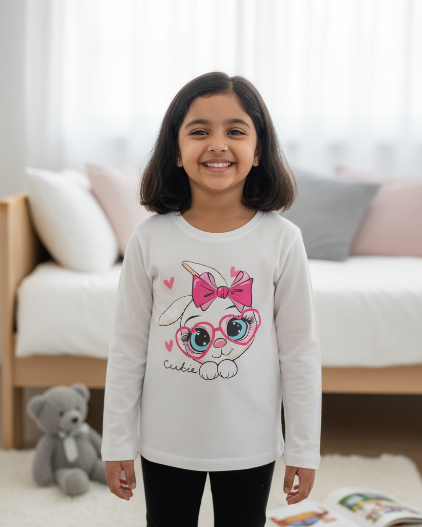 Girl wearing white rabbit T-shirt in minimalist bedroom background