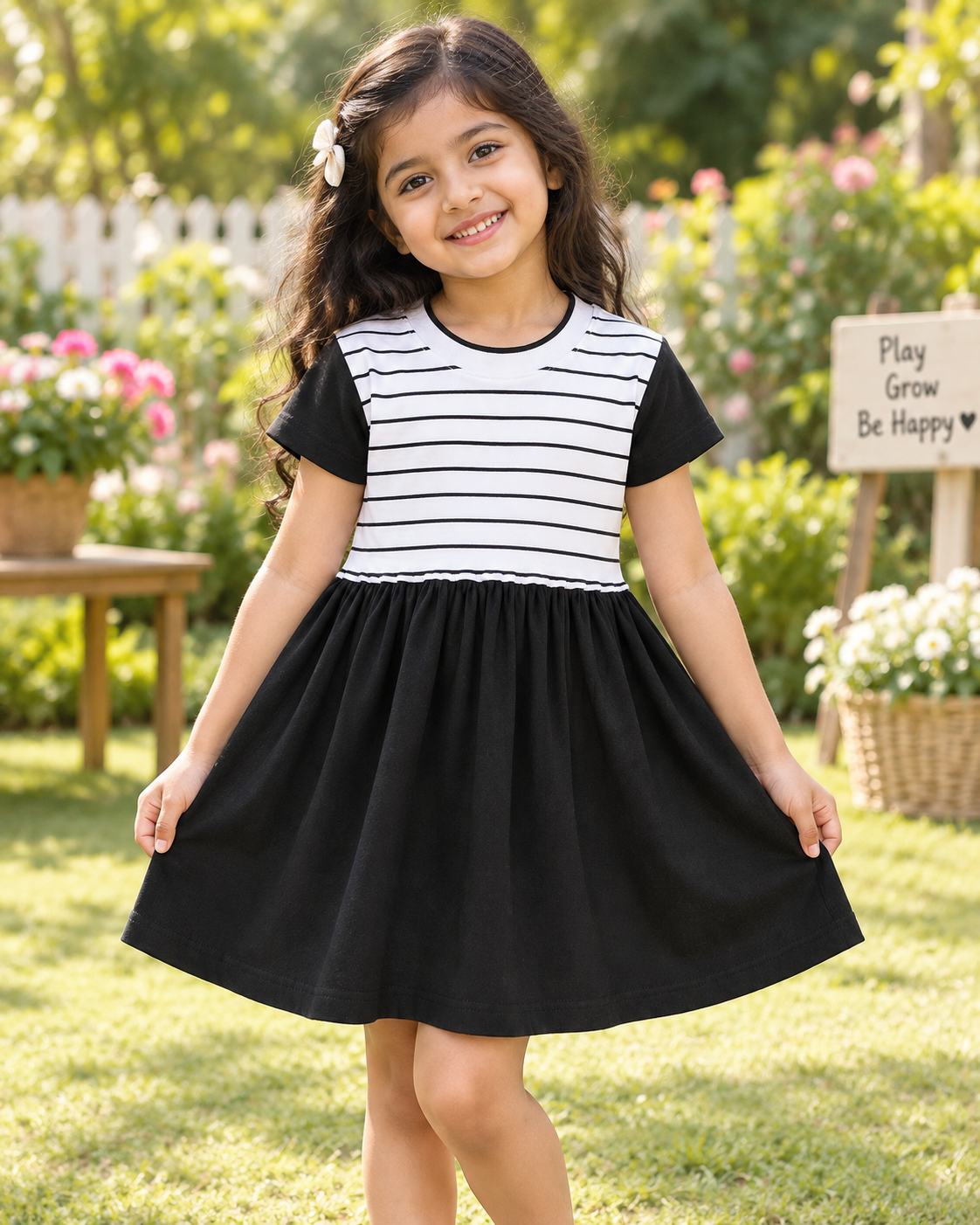 Girls’ black and white striped frock with short sleeves, round neck, gathered waist, and flared skirt. 