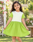 Girls’ green and white striped frock with short sleeves, round neck, gathered waist, and flared skirt. 
