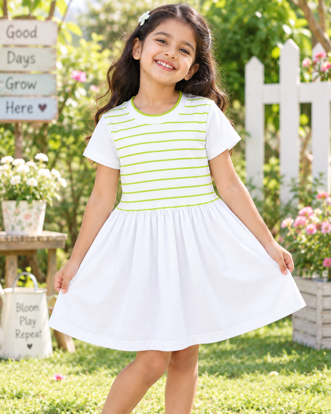Girls’ white and green striped frock with short sleeves, round neck, gathered waist, and flared skirt.