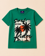 Green Colour T-shirt with Urban print design placed on the beige colour backgound